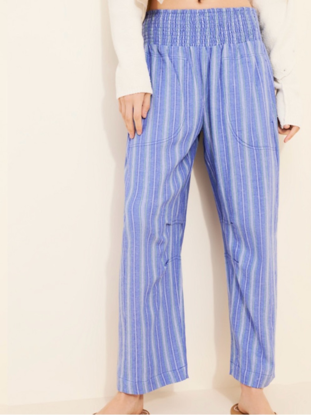 Anthropologie Blue Striped Smocked-Waist Wide-Leg Pants